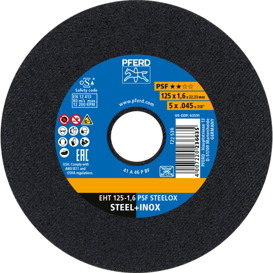 PFERD Trennscheibe EHT PSF STEEL für Stahl, Schwarz, Durchmesser: 126 mm, Dicke: 1,6 mm, Bohrung: 22,23 mm - Bild 1