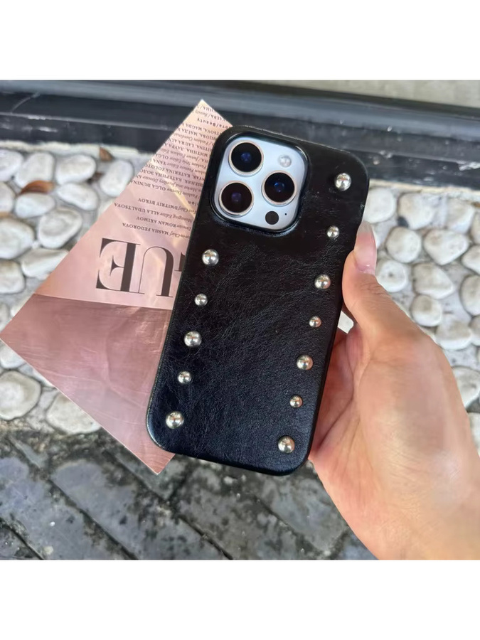OLPAY Leder-Handyhülle mit Metallnieten und Perlen für iPhone 17, 16, 15, 14 Pro Max, 13 in Schwarz - Bild 6