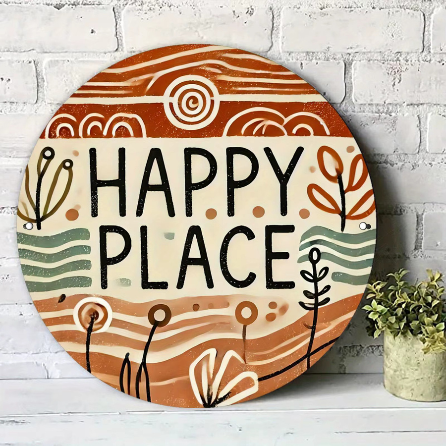 Potdemiel Rundes Metallschild Happy Place mit buntem abstraktem Design im Vintage-Stil, Durchmesser: 19,99 cm - Bild 3