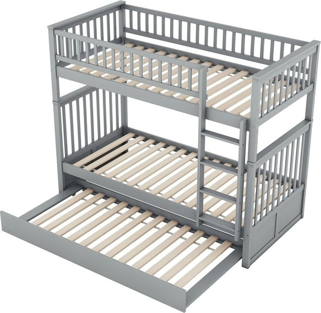 okwish Etagenbett für Kinder mit Ausziehbett und Treppe aus Kiefernholz und MDF, Grau/Weiß, B/T/H: 200 x 95 x 160 cm - Bild 1