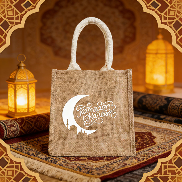 Ramadan Kareem Tragetasche aus Jute in Beige, wiederverwendbare Sackleinen-Tasche für Eid Mubarak, Iftar und Eid Al-Adha, B/H/T: 30 x 30 x 10 cm - Bild 1