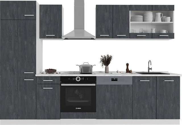 Vicco Küchenzeile R-Line in Schwarz Beton und Weiß mit Arbeitsplatte in Weiß Marmor, Breite: 300 cm - Bild 1