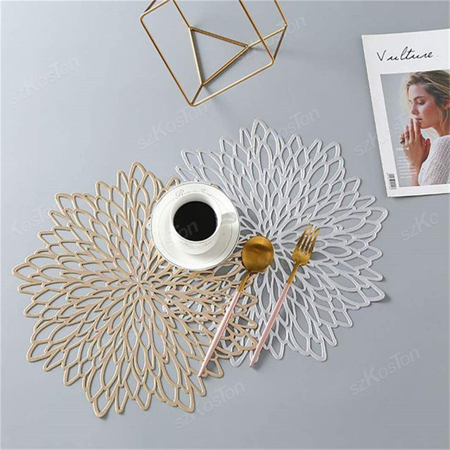 Ouliluye Tischset Hibiskus Blume in Silber, rundes PVC Tischset mit floralem Design, hitzebeständig und isolierend - Bild 1