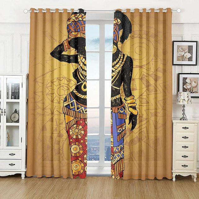Vintage-Fenstervorhang mit afrikanischem Frauenmotiv in Gold, 2er-Set, halbtransparent mit Ösen, Breite: 65 cm, Höhe: 60 cm - Bild 1
