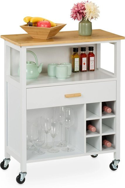 Relaxdays Küchenwagen aus MDF und Bambus in Weiß mit Weinregal und Schublade, B/T/H: 80 x 65 x 35 cm - Bild 1
