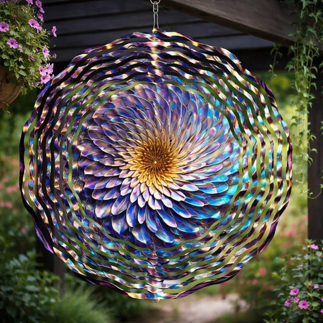 Kicko Art Abstrakter Blumen-Windspinner aus Metall mit 360 Grad Rotation, Moderne Gartendekoration für den Außenbereich in Blau, Lila, Gold und Gelb - Bild 1