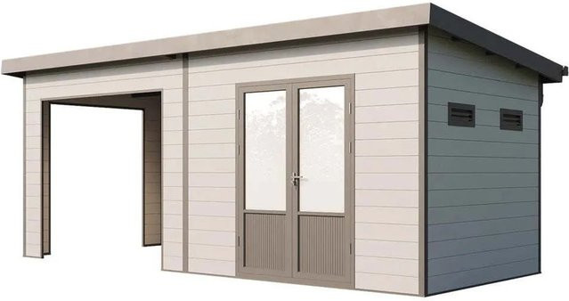 Finnhaus Wolff WPC Gerätehaus Tona 6024 in Hellgrau mit Pultdach und Doppeltür - Bild 1