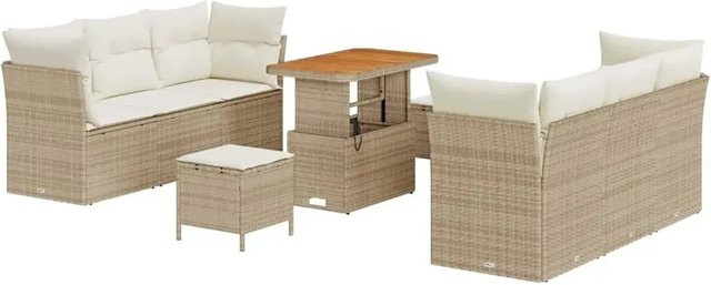 vidaXL 9-teiliges Gartensofa-Set aus Poly Rattan und Akazie mit Kissen in Beige - Bild 1