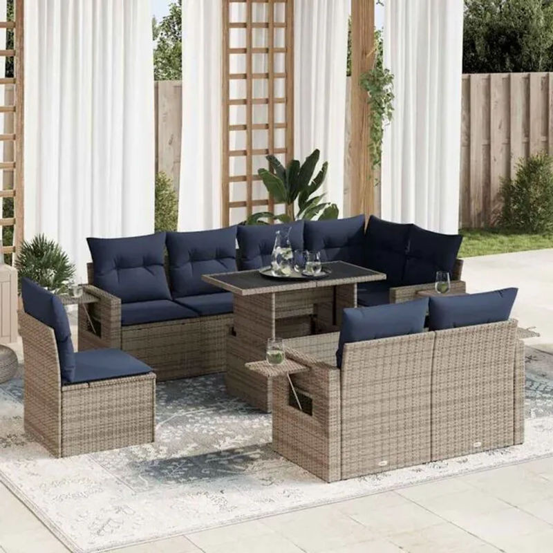 9-teilige moderne Garten-Sofagarnitur aus Poly-Rattan mit Kissen in Grau von vidaxl - Bild 1