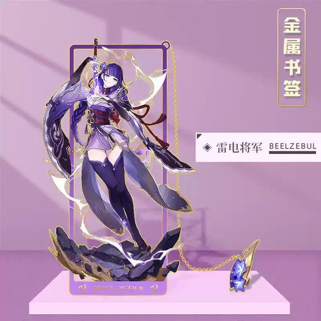 Offizielles Genshin Impact Metall Lesezeichen Set mit Skirk, Furina, Scaramouche, Kinich und Valessa als Anime Charakter Ständer und Schreibtisch Dekoration in Lila - Bild 1