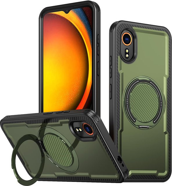 Samsung Galaxy XCover7 Hülle mit Ständer und MagSafe-Kompatibilität in Green mit Kohlefaser-Textur und stoßfestem Hybrid-Design - Bild 1
