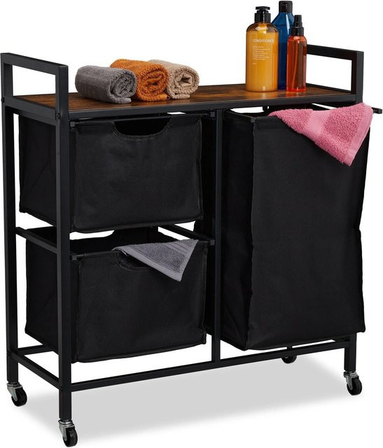 Relaxdays Wäschekorbregal im Industrial Design aus MDF und Eisen mit Rollen, Schwarz Dunkelbraun, B/T/H: 78 x 30,5 x 72,5 cm - Bild 1