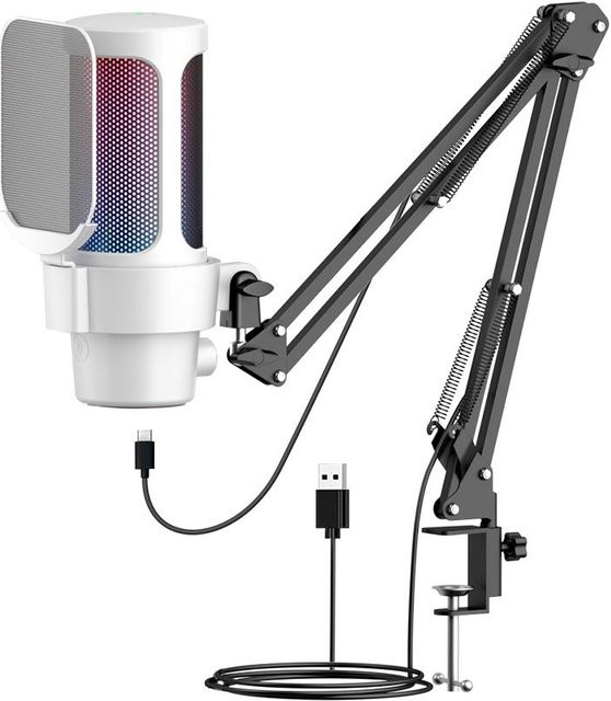 Andoer USB-Gaming-Mikrofon-Kit mit RGB-Beleuchtung und Nierencharakteristik in Weiß - Bild 1