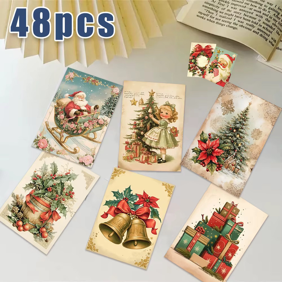 48-teiliges Retro-Weihnachts-Postkarten-Set mit Aufklebern in Multicolor aus Papier - Bild 3