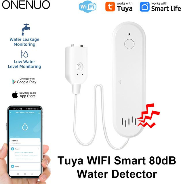 ONENUO WiFi Wasser Sensor mit Tuya App-Anbindung, Leckage Detektor und 80dB Alarm System in Weiß - Bild 1