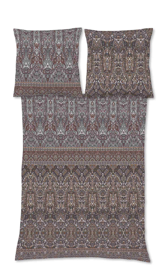 Fleuresse Davos Biber Bettwäsche aus Baumwolle mit Ornamenten und Streifen, Braun und Grau, B/H: 135 x 200 cm mit Kissenbezug 80 x 80 cm - Bild 1