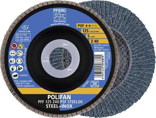 PFERD POLIFAN Fächerschleifscheibe PSF STEELOX Universallinie für Stahl und Edelstahl, Blau, Durchmesser: 125 mm, Bohrung: 22,23 mm - Bild 1