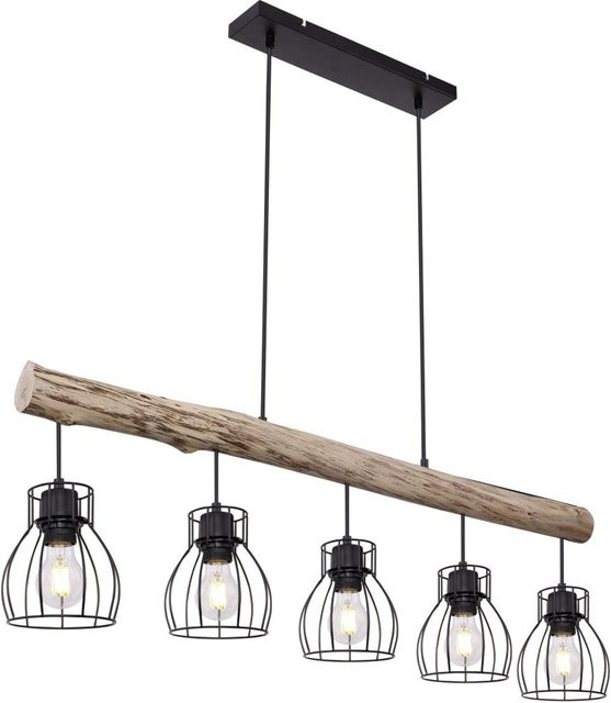 Globo Pendelleuchte Mina in Natur und Schwarz aus Holz und Metall mit 5 E27 Fassungen, B: 104 cm, H: 140 cm - Bild 1