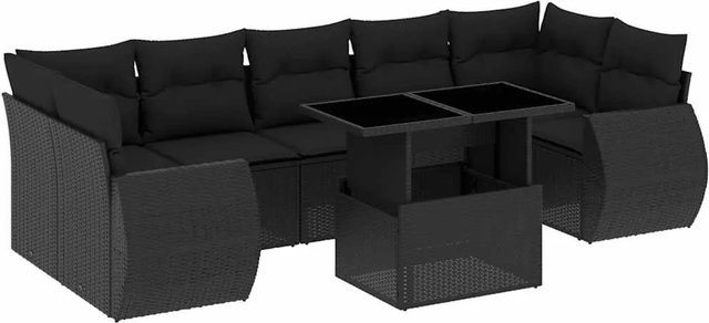 vidaXL 8-teilige Garten-Sofagarnitur in L-Form aus schwarzem Poly-Rattan mit Kissen und pulverbeschichtetem Stahlgestell - Bild 1