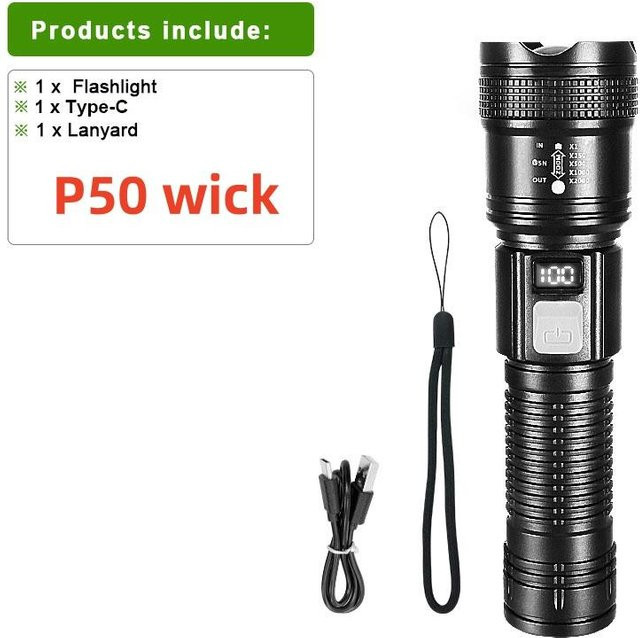 Pawell LED-Taschenlampe A-P50 in Schwarz, superhelle wiederaufladbare Taschenlampe mit 10000 Lumen und großer Reichweite, wasserdicht für Camping und Outdoor - Bild 1