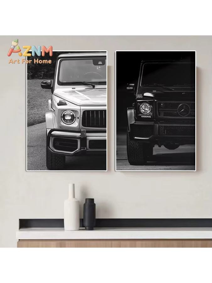AZNM Mercedes-Benz G-Klasse Wandkunstdruck als minimalistisches Leinwandposter in Schwarz-Weiß - Bild 4
