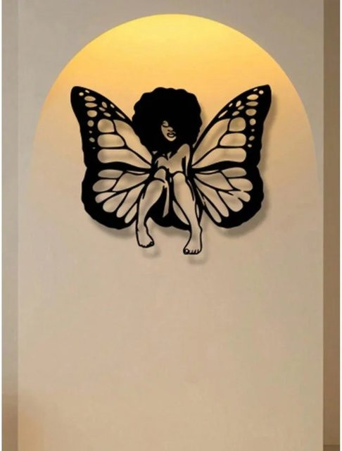 CIFBUY Metall Wandkunst Afrikanische Frau mit Schmetterling in Schwarz, B: 30 cm, H: 30 cm, T: 30 cm - Bild 1