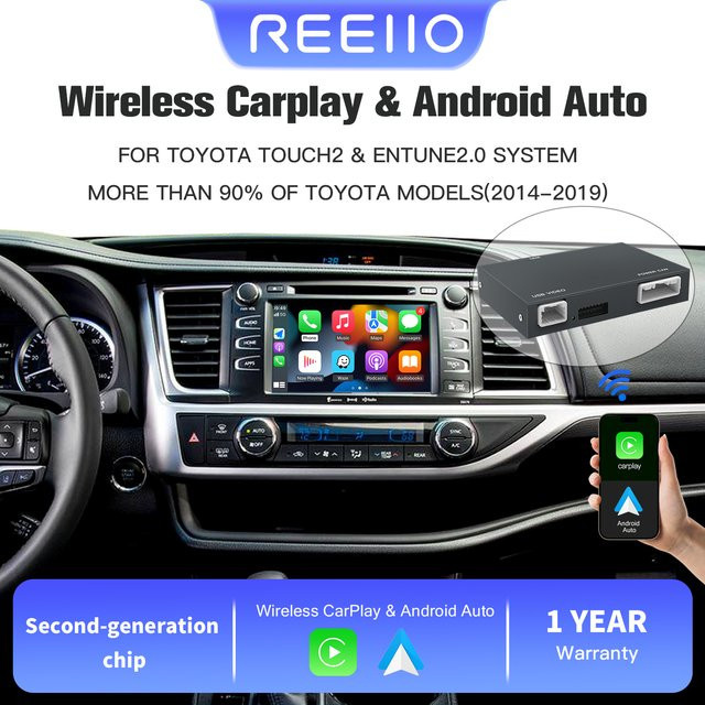 REEIIO Drahtloser CarPlay und Android Auto Decoder für Toyota Entune Touch 2, kompatibel mit CHR, Avalon, Corolla, Yaris, Auris, RAV4, Camry und Highlander (2014–2019), Schwarz und Grau - Bild 1