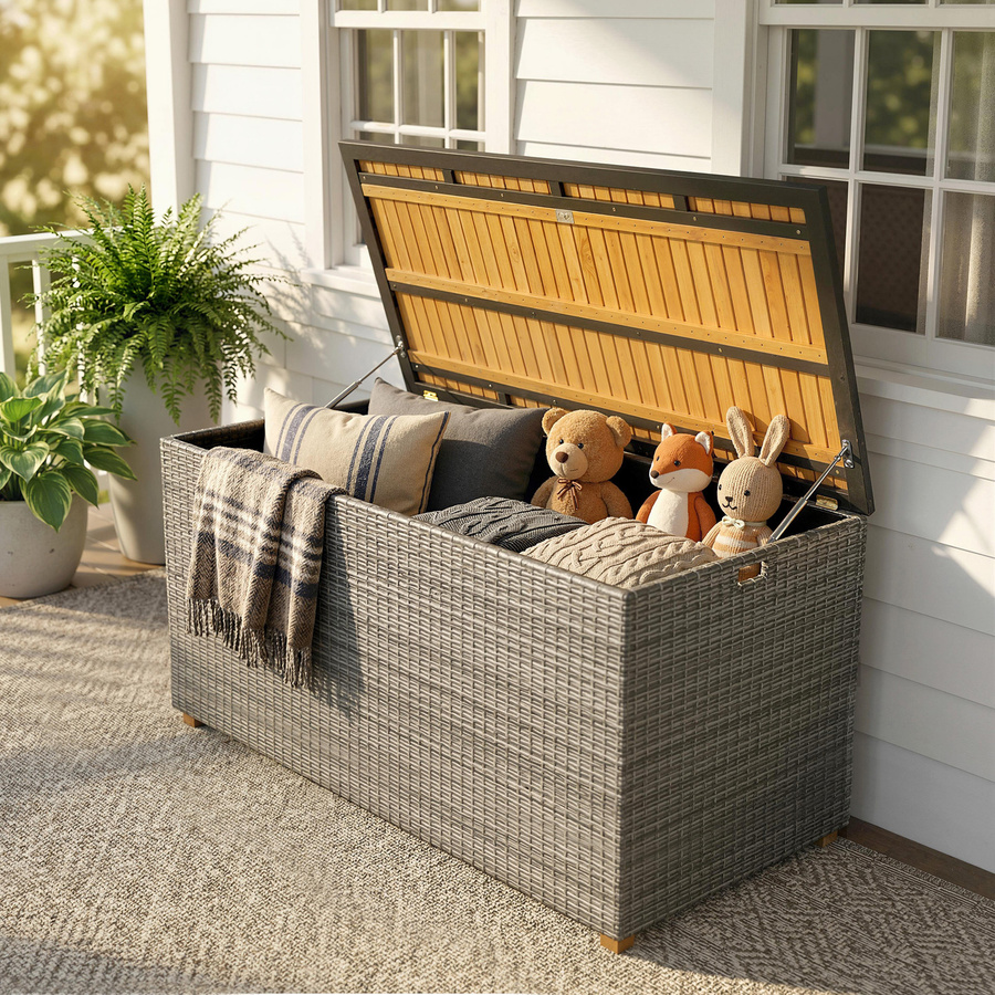 Outsunny 2-in-1 Gartenbox aus Polyrattan mit FSC-Akazienholz-Deckel, 450 L wetterfeste Auflagenbox in Dunkelgrau - Bild 2