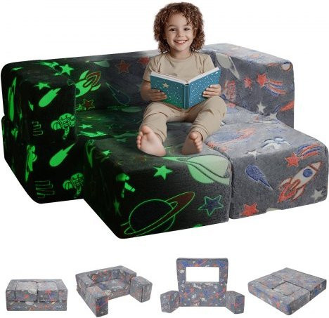 VEVOR Kinderspielsofa aus 10-teiligen 25D-Schaumstoff Bausteinen mit im Dunkeln leuchtendem Bezug, umwandelbare Kindercouch in Grau und Multicolour - Bild 1