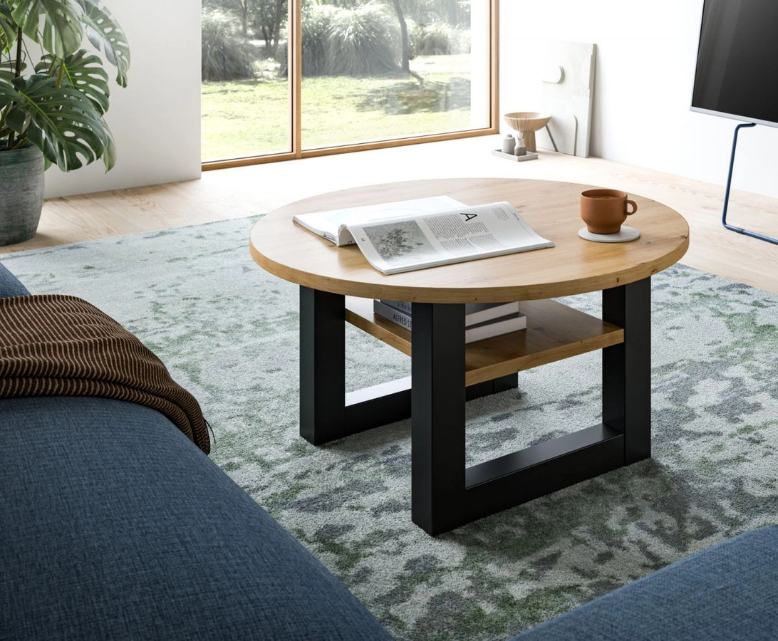 Couchtisch Eldon rund in Eiche und Grau mit vier Beinen, Durchmesser: 75 cm, Höhe: 30 cm - Bild 3