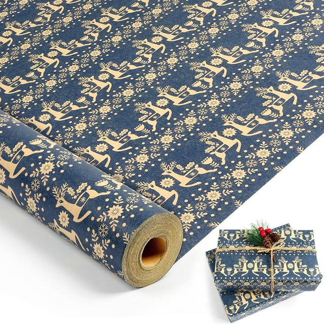Weihnachts-Geschenkpapierrolle aus marineblauem Kraftpapier mit Schneeflocken, Weihnachtsblumen und Rentier-Design - Bild 1