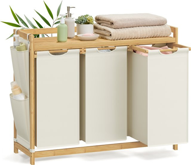 SONGMICS Wäschekorb aus Bambus mit drei Fächern, Grau, B/T/H: 94 x 33 x 78 cm - Bild 1