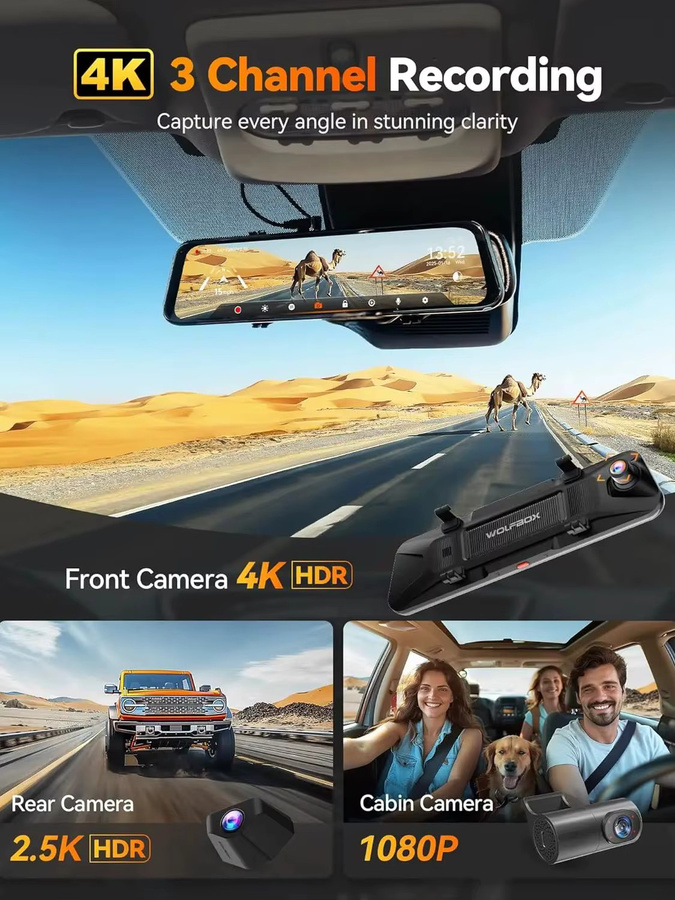 WOLFBOX G900 Tripro Bumper Version 3-Kanal 4K Rückspiegel-Armaturenbrettkamera mit STARVIS 2 IMX678 und Sprachsteuerung, Schwarz, inklusive 256G Karte - Bild 5