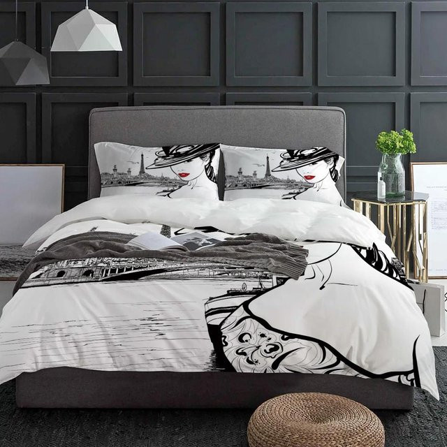 Lodestar Bettwäsche-Set Paris Seine Woman Eiffel Tower Red Lips, 3-teilig aus Mikrofaser, Farbe: Grau/Weiß, B/H: 135 x 200 cm - Bild 1