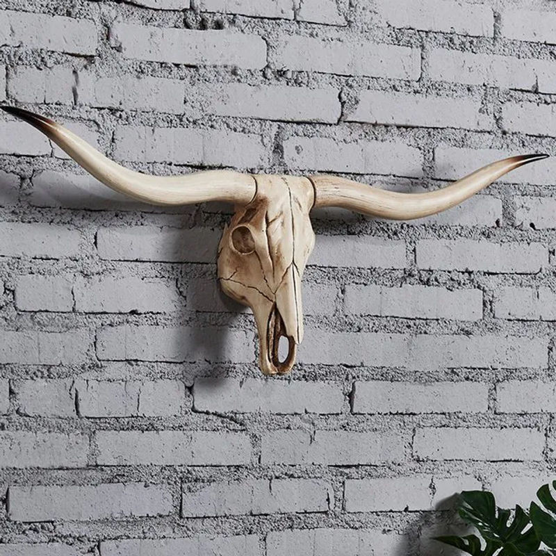 Moquerry Deko-Wandobjekt Bullen-Schädel aus Kunstharz in Beige im rustikalen Design für Halloween und Wohnkultur - Bild 1