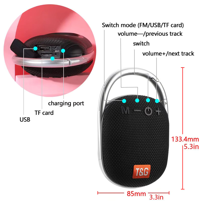 T&G Tragbarer Mini-Bluetooth-Lautsprecher mit FM-Radio und Bass-Subwoofer in Grau, Wasserdicht - Bild 5