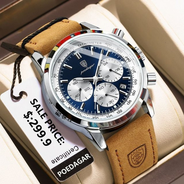 POEDAGAR Chronograph, Quarz, Leder, Herren, Blau, Silber - Bild 1