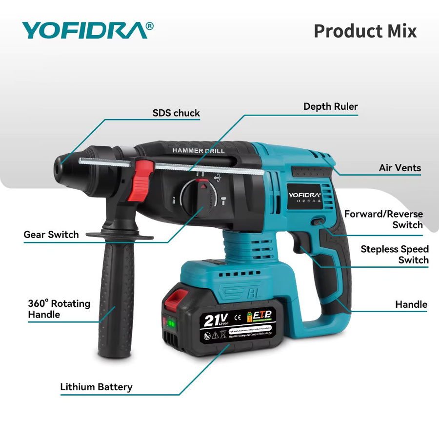 YOFIDRA Bürstenloser Elektro-Bohrhammer 26mm, kabelloser Multifunktions-Bohrhammer mit 21V Akku-Kompatibilität für Makita - Bild 3
