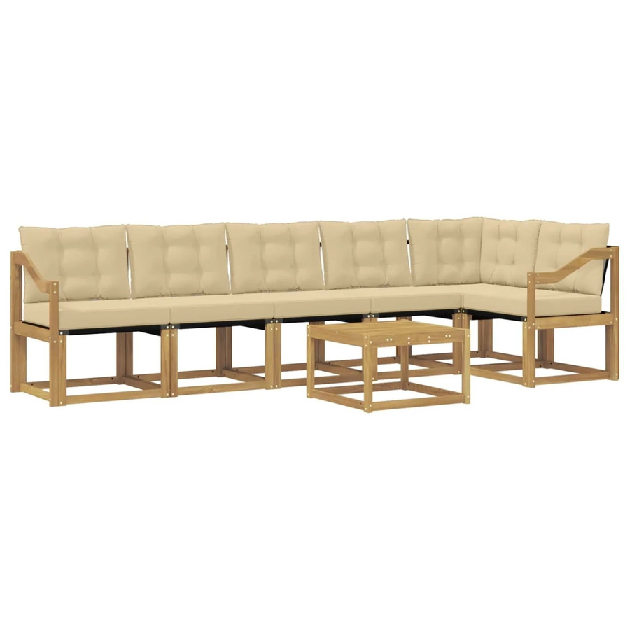 vidaXL 7-tlg. Outdoor-Sofagarnitur in L-Form mit Kissen und Couchtisch, Weiß und Beige, Akazienholz - Bild 2