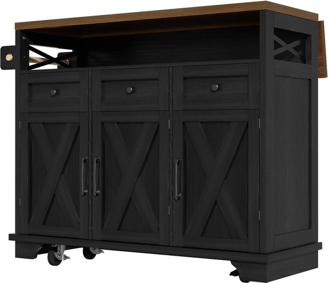 Merax Kücheninsel in Schwarz mit Holzoptik Eiche, höhenverstellbar und mit Rollen, B/T/H: 118 x 43 x 70-98 cm - Bild 1
