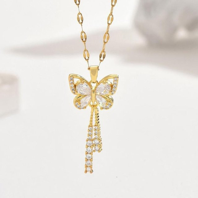 YIRAN Jewelry Halskette, Schmetterlingsquaste, Zirkonia, Edelstahl, Weiß, 45 cm, Damen - Bild 1