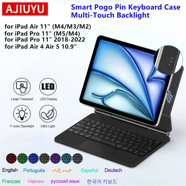 AJIUYU Pogo Pin Magic Keyboard Hülle für iPad Air 11 Zoll M4 M3 M2 4. und 5. Generation mit Hintergrundbeleuchtung in Schwarz - Bild 1