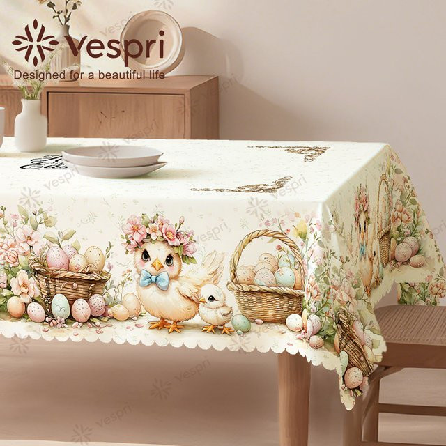Vespri Oster-Tischdecke in Weiß und Beige mit Blumenmuster und Hühnereiern für Party und Festival-Dekoration im Landhausstil - Bild 1