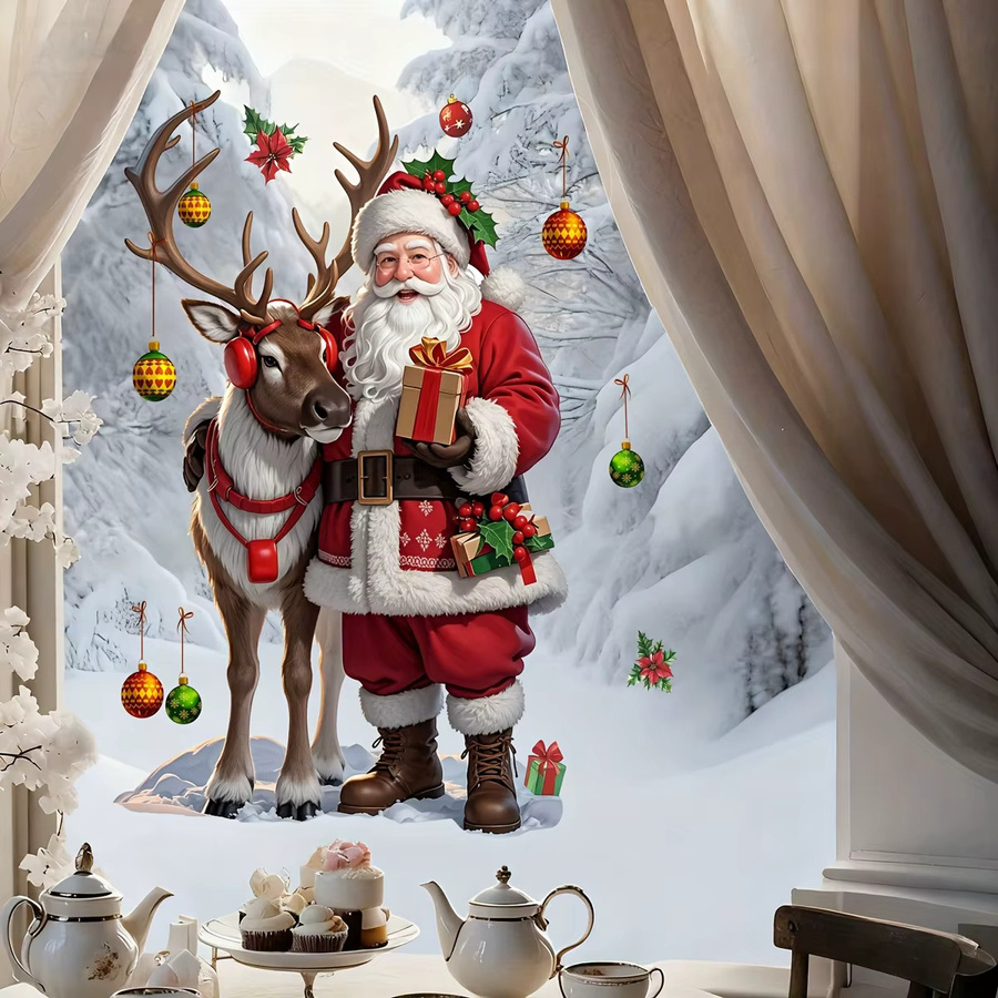 DUTRIEUX Weihnachts Fenstersticker Selbstklebend Motiv Santa Rentier und Schneeglöckchen Multicolour aus PVC - Bild 3