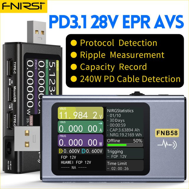 FNIRSI FNB58 USB-Tester mit Typ C Anschluss für Voltmeter, Amperemeter, Schnellladungserkennung und Kapazitätsmessung - Bild 1