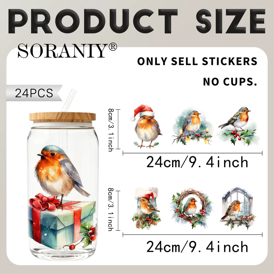 24-teiliges Set Weihnachts-Robin UV DTF DIY Transferpapier-Aufkleber, Mehrfarbig - Bild 2