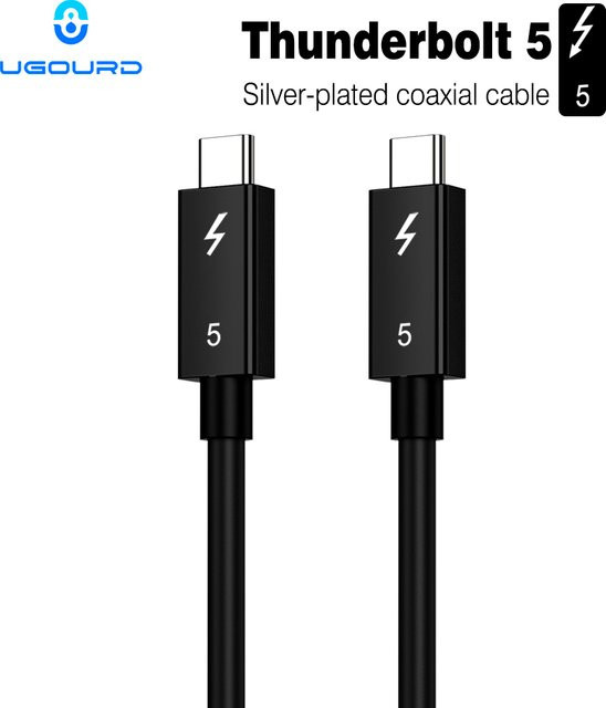 UGOURD Thunderbolt 5 Typ-C Koaxialkabel mit 80 Gbit/s, versilbert, kompatibel mit Thunderbolt 4/3 für externe Grafikkarten und HUB, Farbe: Schwarz/Silber, Länge: 2 m - Bild 1