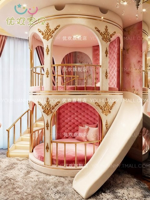 XMSJ Prinzessinnen-Schloss-Doppelstockbett aus Massivholz mit Rutsche und Treppe in Weiß, Queen-Size 150 x 200 cm - Bild 1