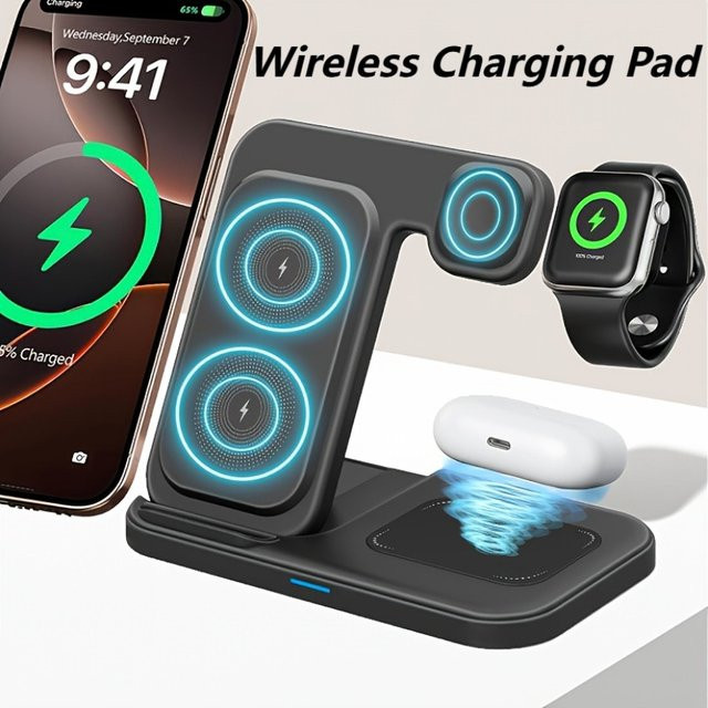 XIKCU 3-in-1 Wireless Ladegerät faltbares Schnelllade-Dock für iPhone, iWatch und AirPods in Schwarz oder Weiß - Bild 1