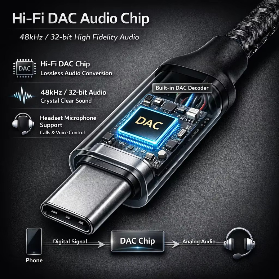 Parallel World USB-C auf 3,5 mm Audio-Adapter mit DAC HiFi Kopfhöreranschluss, Typ-C zu Aux Konverter in Schwarz - Bild 4